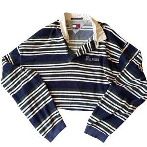 Tommy Hilfiger Cropped Rugby Shirt Navy Green Striped Long Sleeve XXL